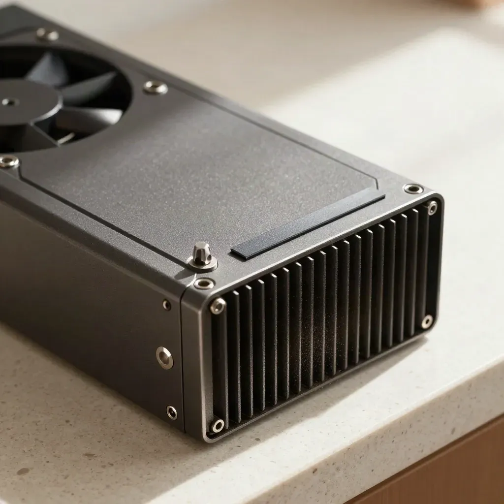 Server fan frame, heatsink block and hex bit on pale travertine with dramatic side light.