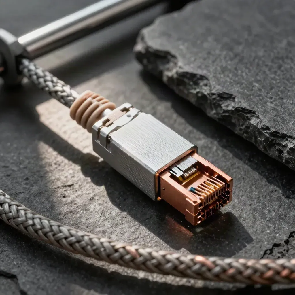 Macro of network hardware on slate stone, lit by a raking beam with dust in the air.