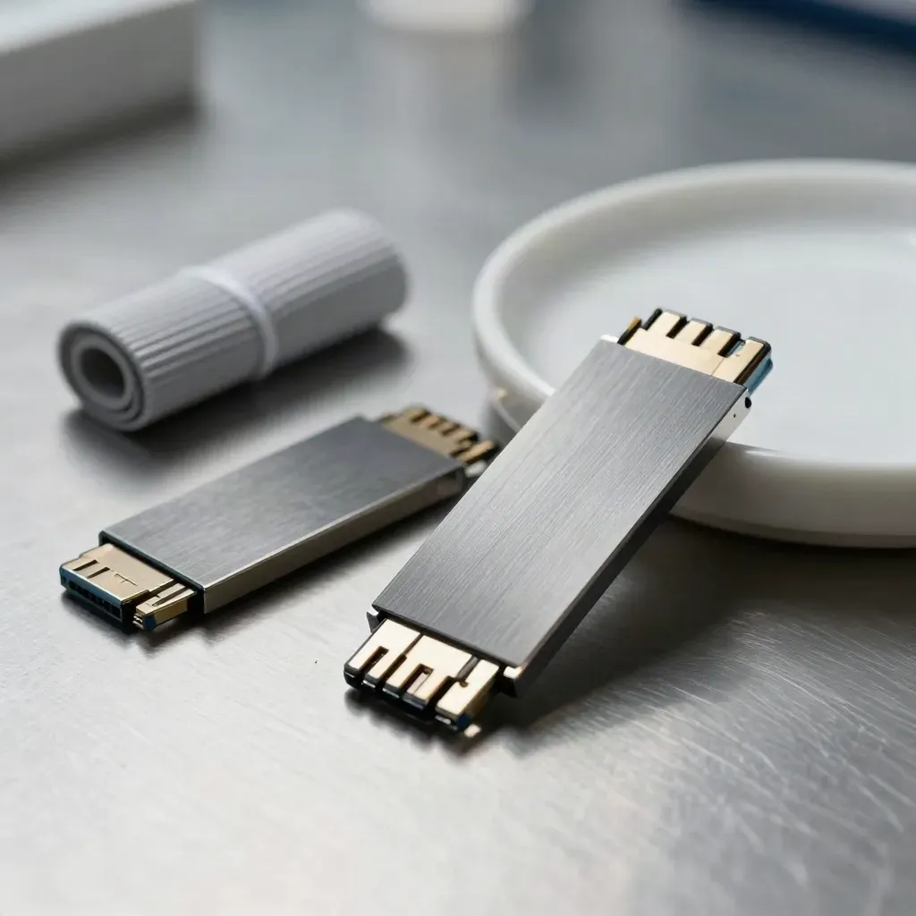 Memory sticks, grounding strap, and ceramic tray on brushed metal in dramatic studio light.