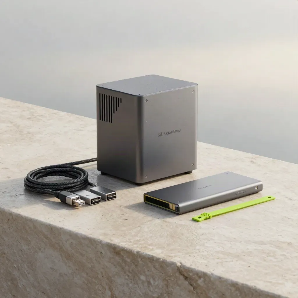 Graphite mini PC setup kit with USB drives, ethernet cable, NVMe enclosure and lime tie on wet stone