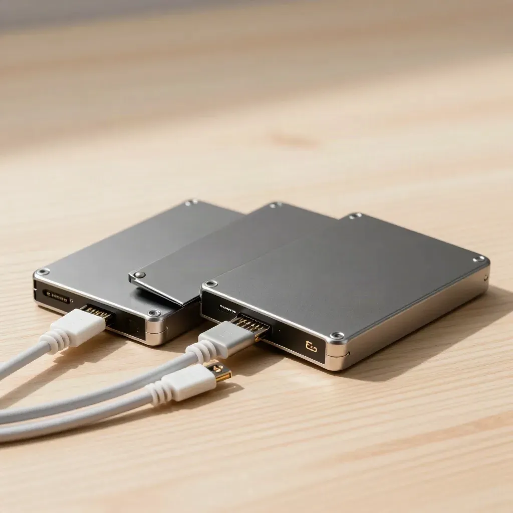 Top-down still life of SSDs, patch leads, and a cable comb on pale wood.