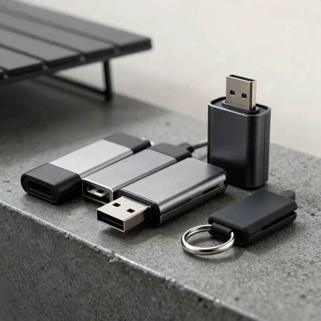 Live-USB drives, USB-C adapter and cable clips on dark concrete in dramatic macro light.
