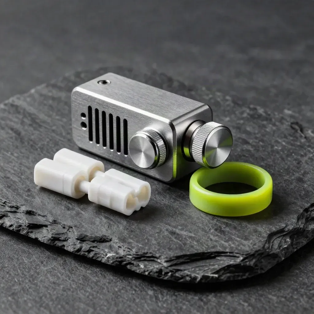 Desktop shell panel, aluminum knob, and cable sleeves on charcoal stone in dramatic side light.