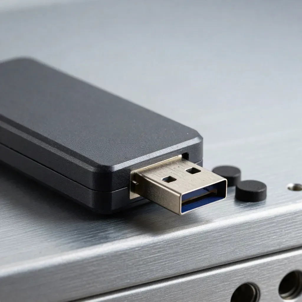Macro of a blank USB installer drive with keyring and rubber spacers on brushed aluminum.