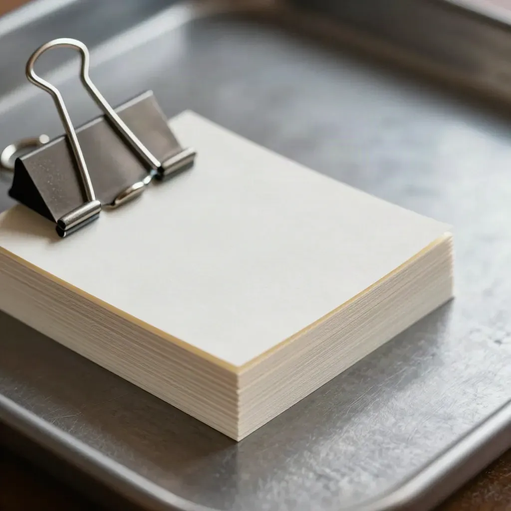 Macro of blank index cards clipped in a steel tray on a graphite surface.