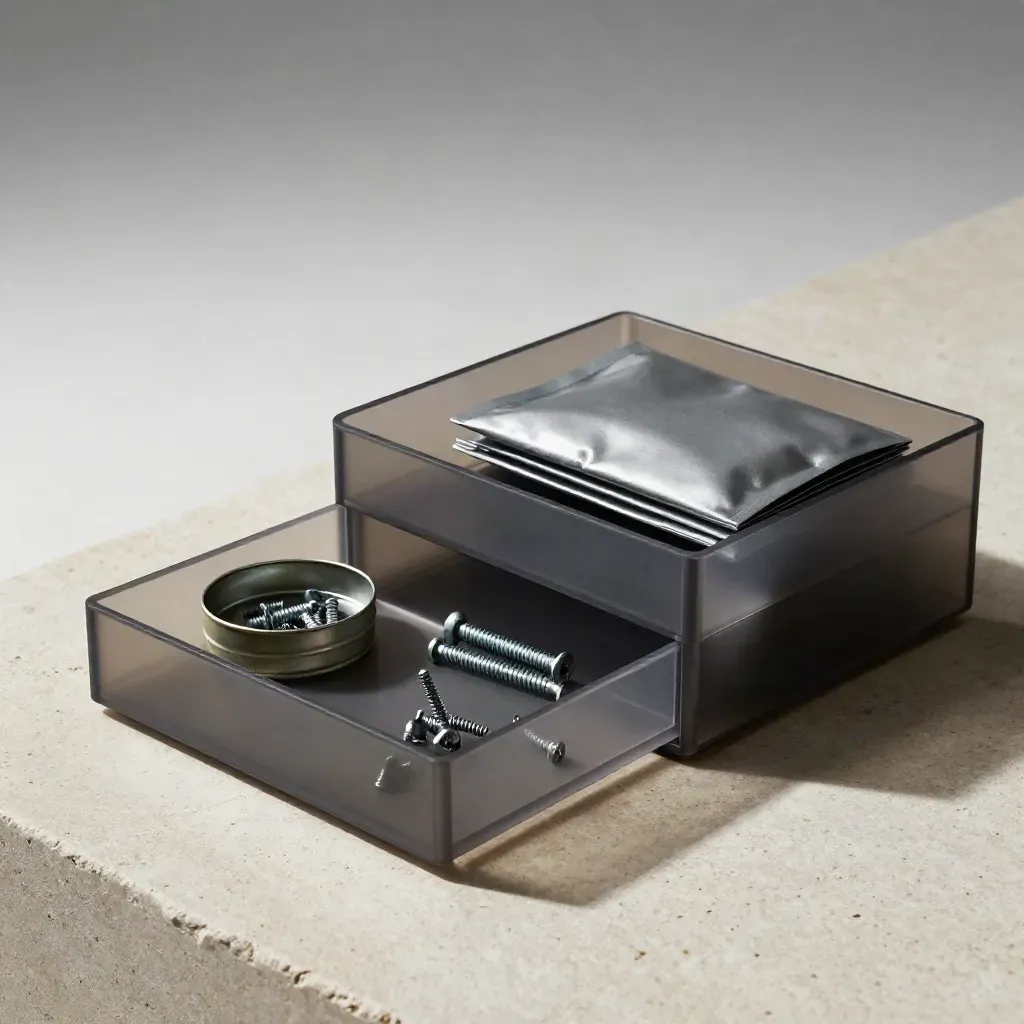 Modular parts organizer, M.2 screw tin, and anti-static pouch on pale stone