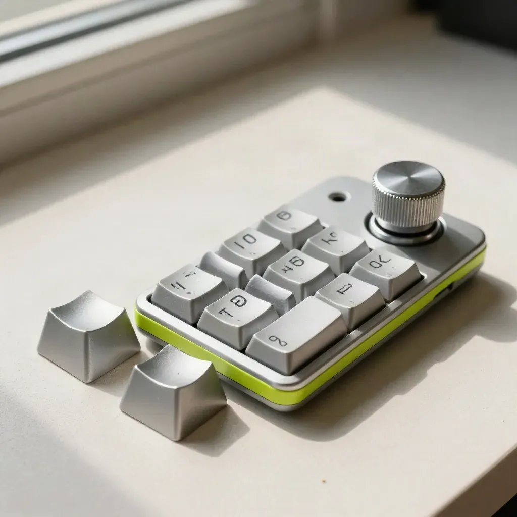 Macro keypad, face-down keycaps, and aluminum knob on white plaster, top-down.