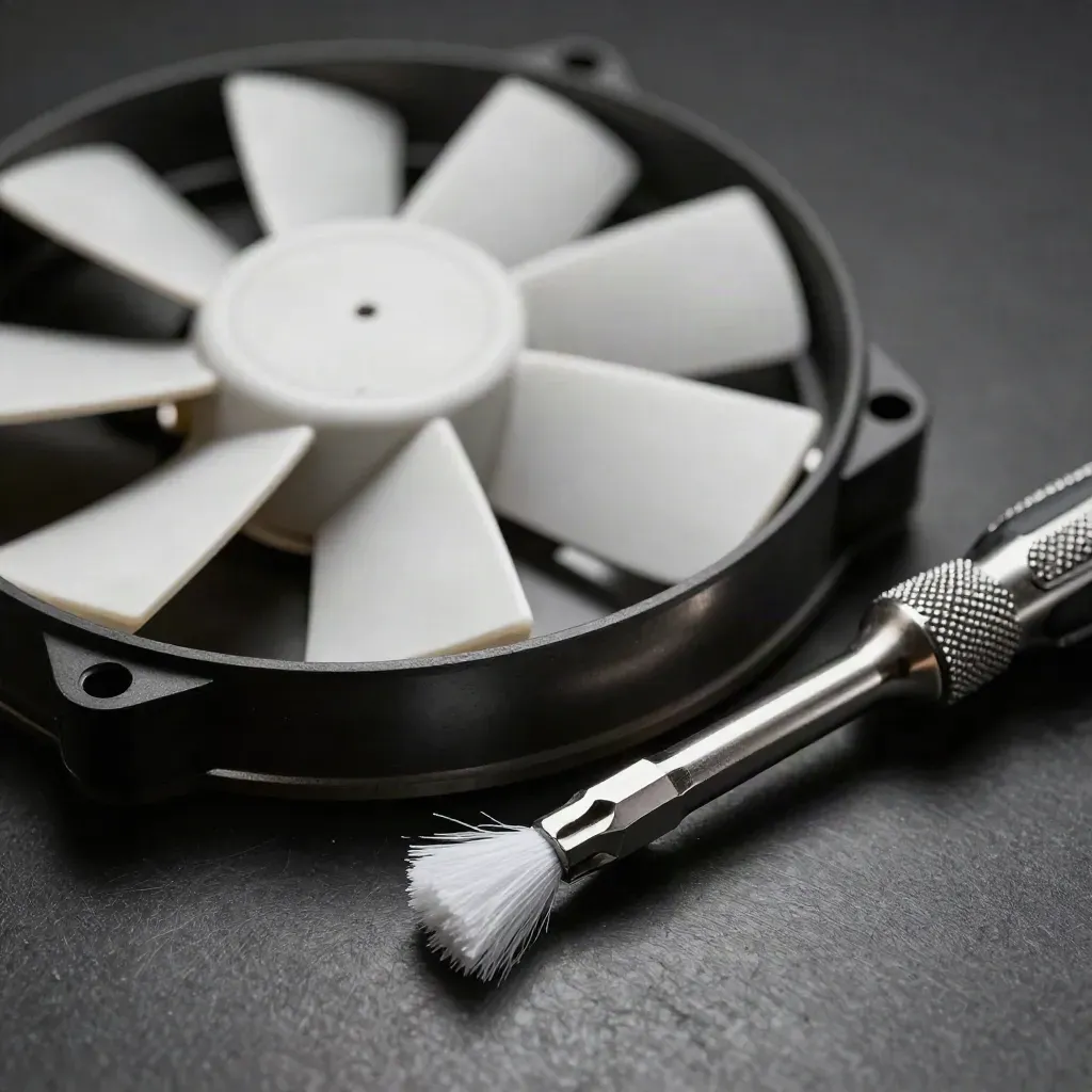 Fan impeller, screwdriver, and anti-static brush on brushed metal in dramatic macro light
