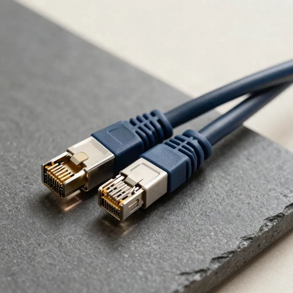 RJ45 plug, two SFP transceivers, and coiled ethernet cable on graphite stone.