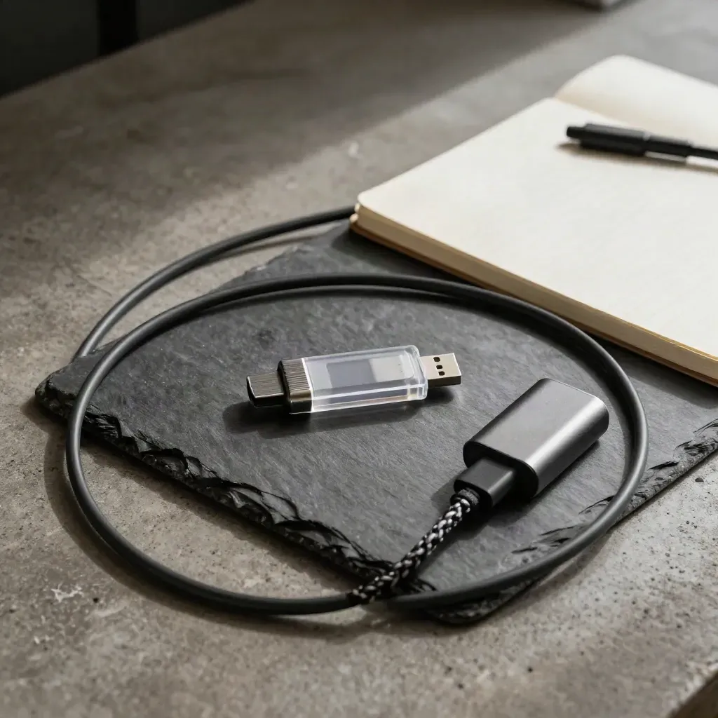 USB stick, closed notebook, adapter and cable coil on a slate workbench