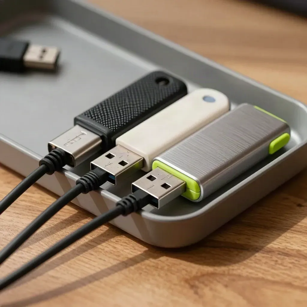 USB drives, braided cables, and a compact SSD in a tray on oak, moody close-up