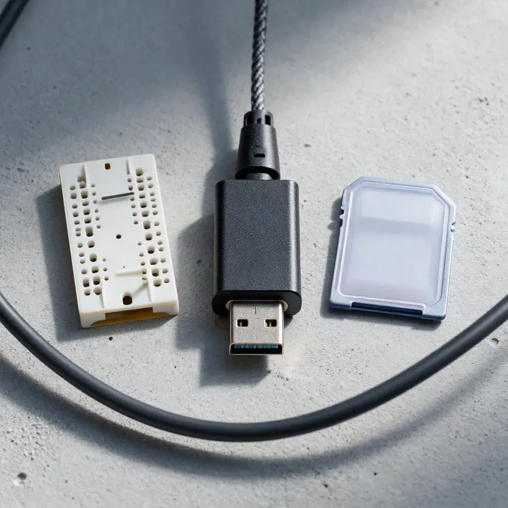 USB-serial adapter, breadboard, and microSD sleeve on pale concrete in tight macro overhead