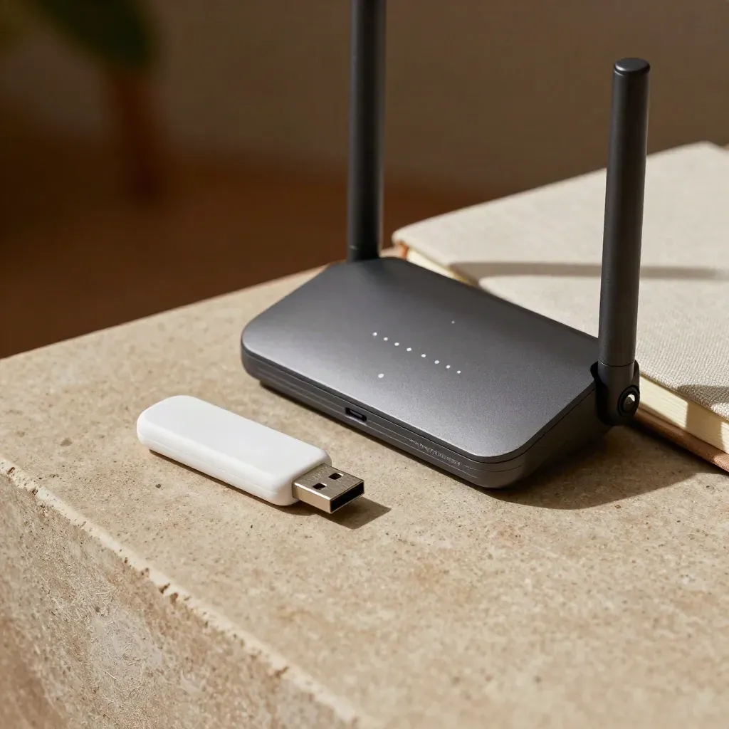 USB installer, compact router and closed notebook on warm stone in dramatic low-key light