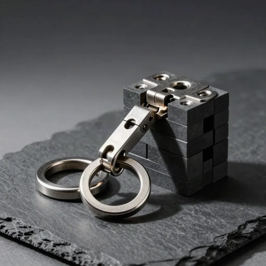 Linked steel rings, a precision hinge, and modular blocks on dark slate with dramatic light.