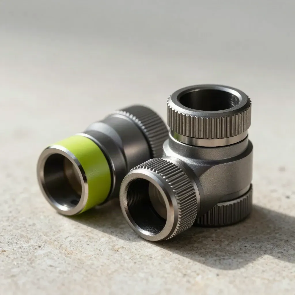Machined cable couplers, ring and connector block on brushed stone in moody close-up.