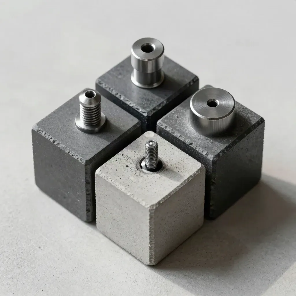 Graphite blocks, pin, and connector cap in a precise macro still life on pale concrete.