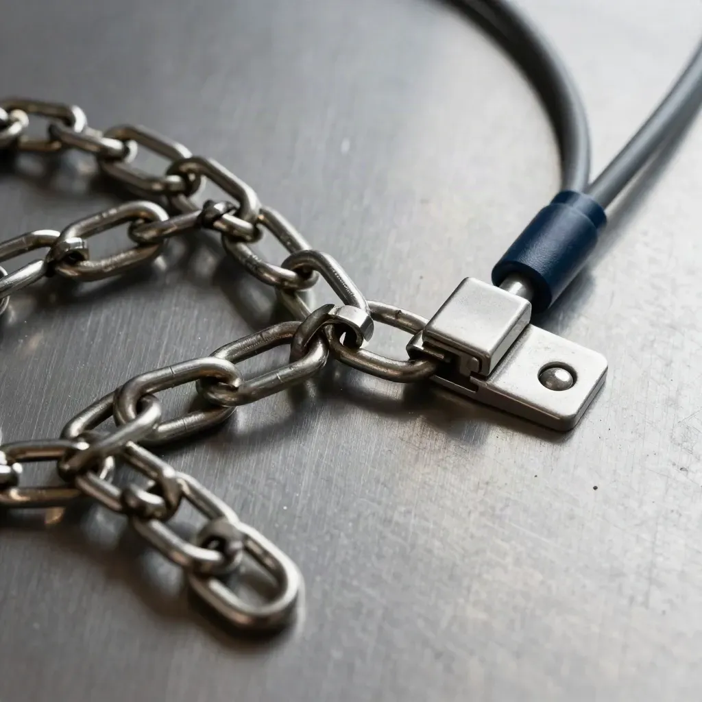 Machined connector links and a cable loop on brushed metal, shot from above in soft daylight.