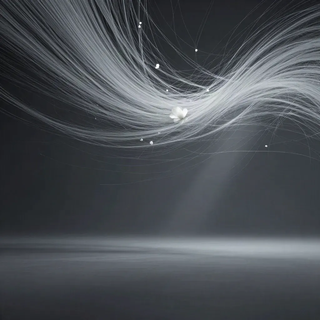Silver filaments bloom in graphite haze with calm copy space below.
