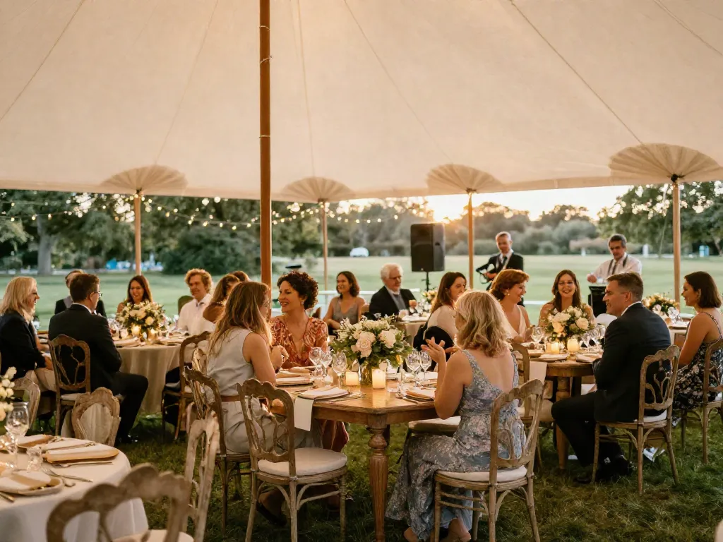 Event furniture rental for a luxurious outdoor wedding reception with elegant tables and chairs